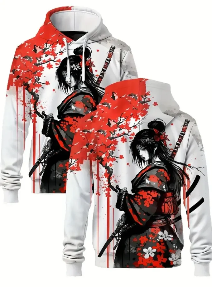Men's Japanese Samurai Cherry Blossom Kimono-Style Hoodie Ink Print Design 100% Polyester Sports Sweatshirt Pocket Regular Fit