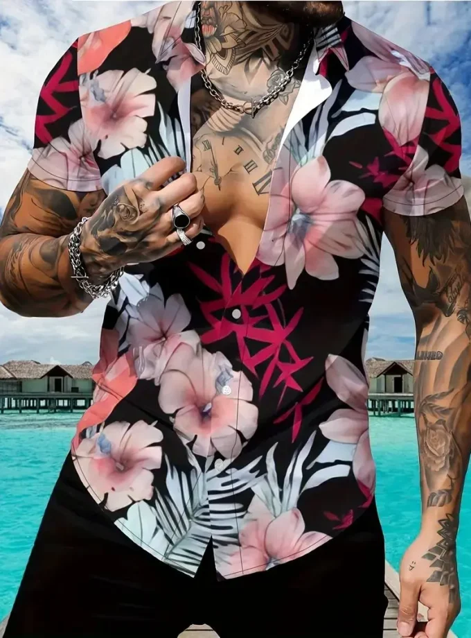 Men's Floral Print Short Sleeve polyester Shirt Fashionable Trendy Summer Resort Wear for Daily Style Breathable Vacation Shirts