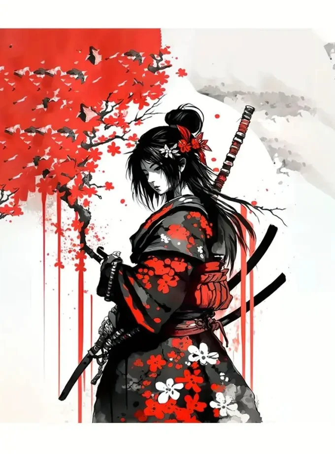 Men's Japanese Samurai Cherry Blossom Kimono-Style Hoodie Ink Print Design 100% Polyester Sports Sweatshirt Pocket Regular Fit