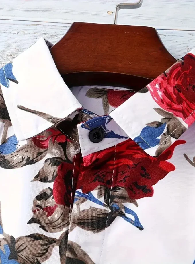 Men's Red Flower Printed Collar Shirt - Comfortable Short Sleeve, Fashionable Button Neck, Vacation Hawaiian Floral shirt