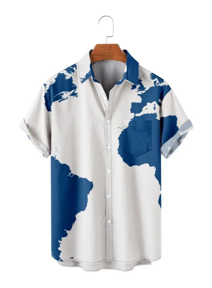Men's Button-Down Casual T-Shirt with 3D Digital Print Africa Map Breathable High Quality O-Neck Shirt