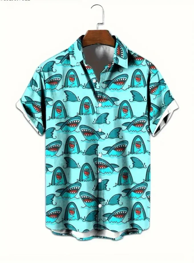 Men's Cute Cartoon Shark Print Shirt Stylish Comfortable Machine Washable Breathable 3D printed shirt Anti-Wrinkle for Summer