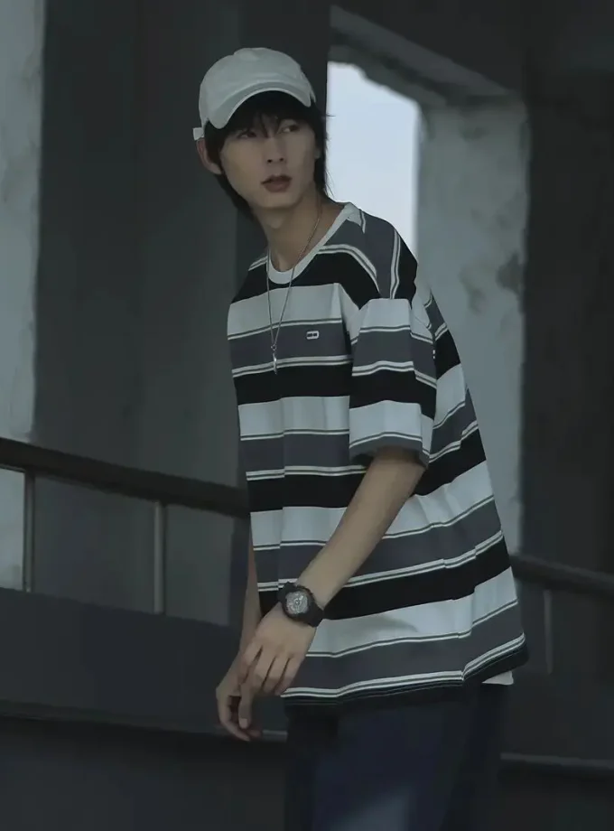 Men's Classic Striped Stylish Casual All-Season Outdoor Comfortable Short Crew Neck All-Winter Wear Cotton Blend T-Shirt