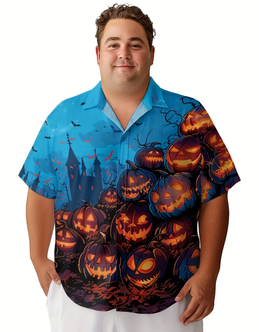 Men's Plus Size Halloween Elements Casual Shirt Pumpkin Drawing Printed Neutral Lightweight Oversized Button Short 3D Breathable