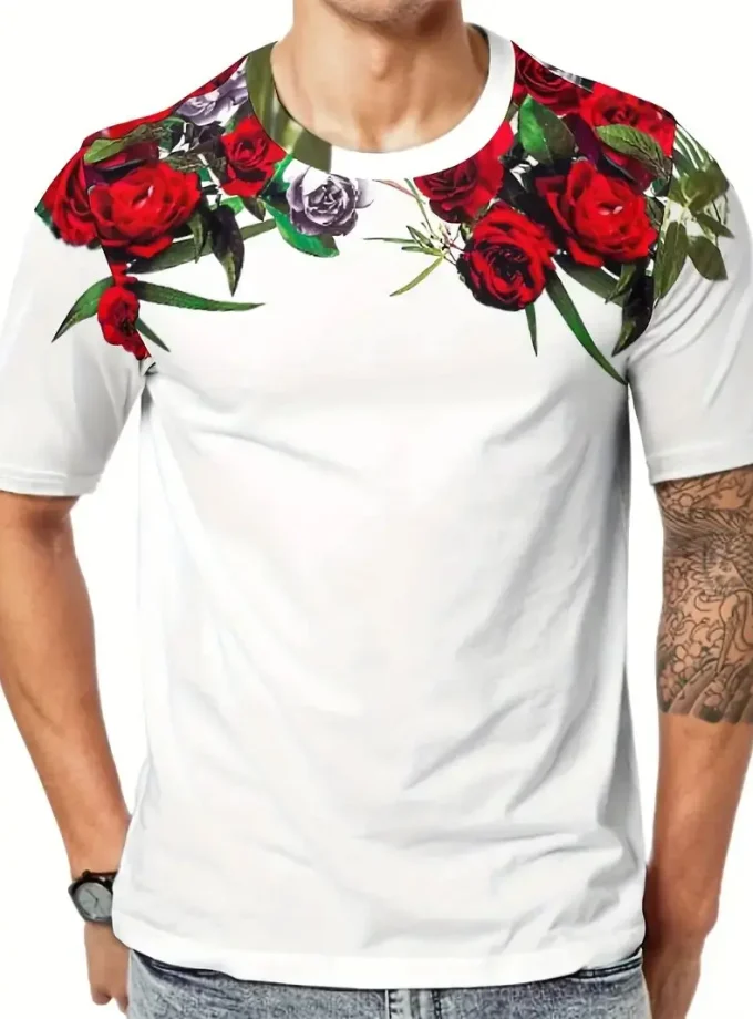 Men's Casual Summer Outing Top Rose 3D Digital Printed V-Neck Crew Neck T-Shirt Novelty Knitted T-Shirt
