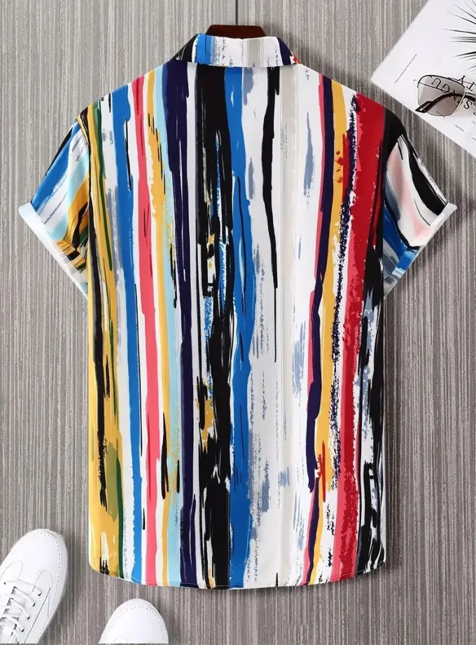 Men's Casual Short Sleeve Button Lapel Summer Shirt Multi-Color Floral Vertical Stripe Crocheted Breathable Fashion Holiday