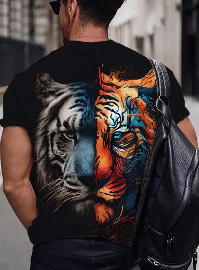 Men's Casual Plus Size tshirt Novelty Tiger Graphic Print T-shirt Summer Short Sleeve Turtleneck Oversized Long Knitted Tees