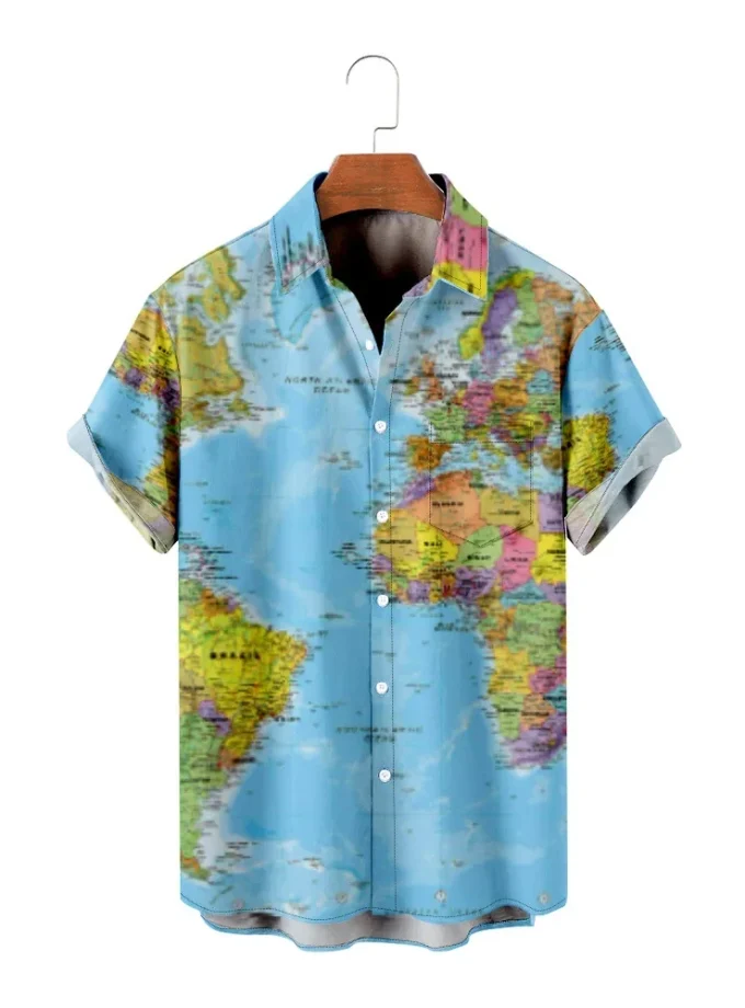 Men's Button-Down Casual T-Shirt with 3D Digital Print Africa Map Breathable High Quality O-Neck Shirt