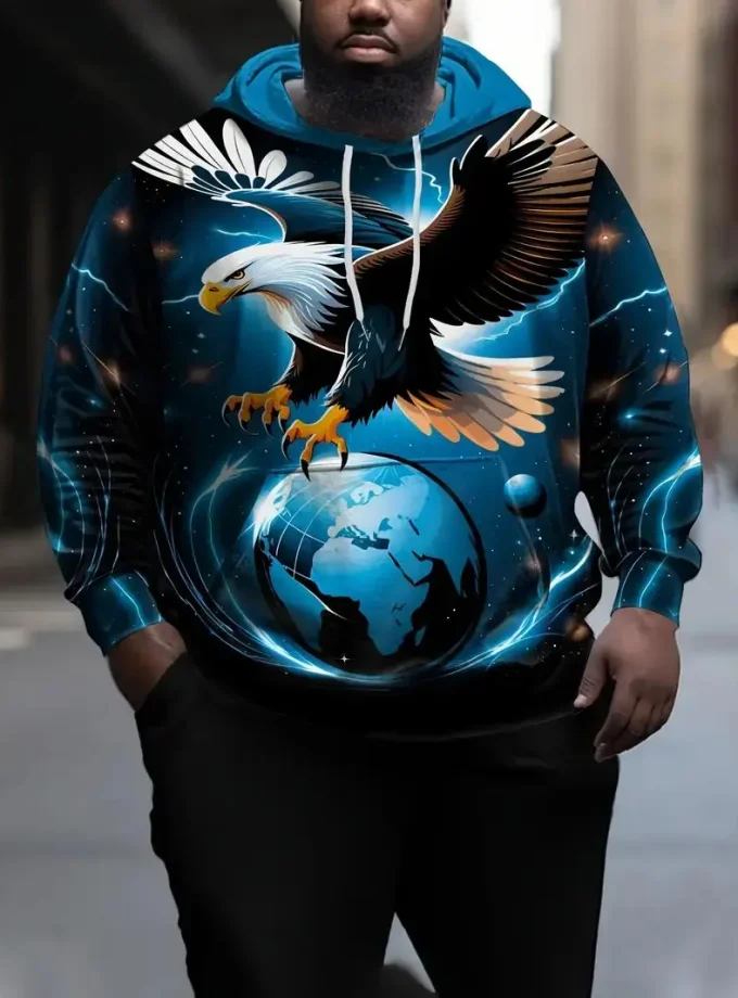 Men's Plus Size Casual Hooded Sweatshirt 3D Printed Novelty Eagle Graphic Pullover Polyester Fabric Kangaroo Pocket Long Slight