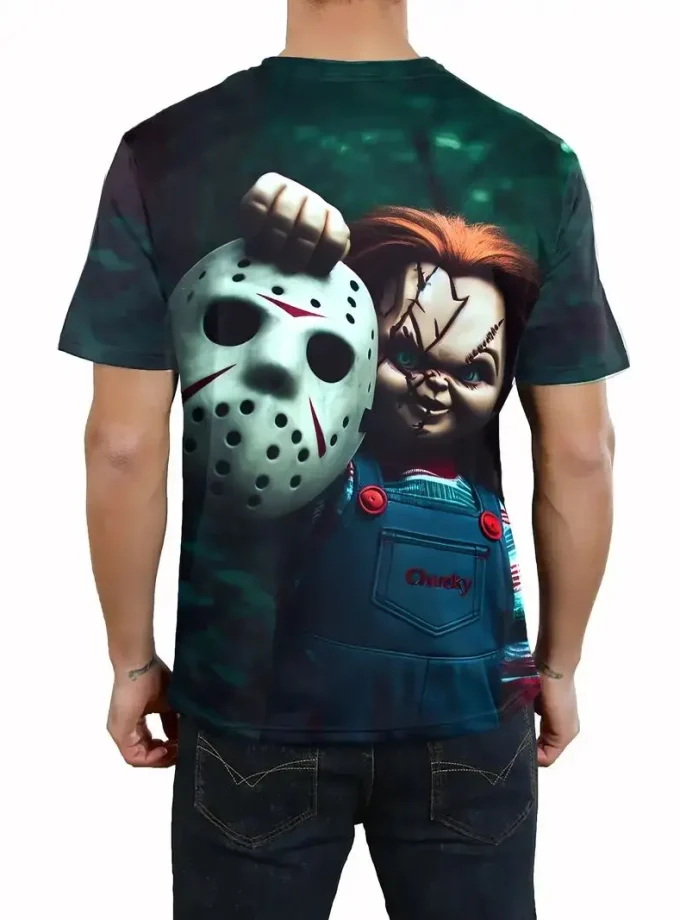 Men's Casual Halloween Style T-Shirt with 3D Printed Horror Doll and Mask Design Short Sleeve O-Neck Digital Printing Method
