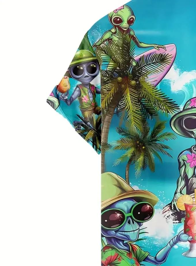 Men's Hawaiian Novelty Alien Print Button-Down Shirt, Short Sleeve Summer Vacation Shirts
