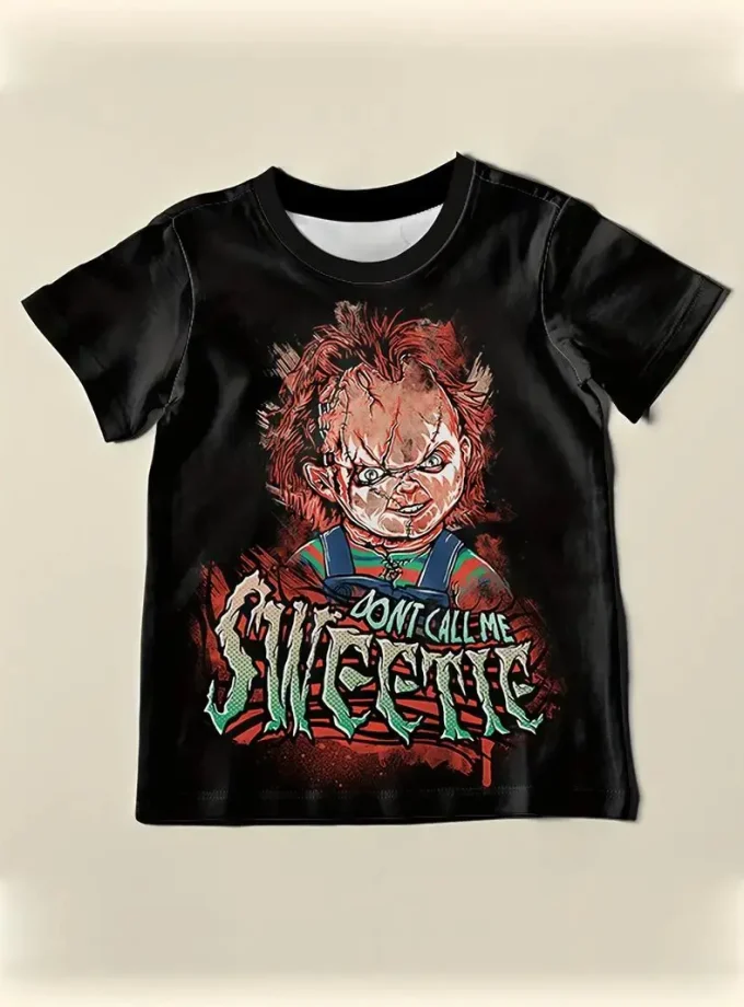 Men's Casual Short Sleeve V-Neck T-Shirt Horror Child Digital Print Crew Neck Tee for Outdoor Knitted Fabric with Pattern