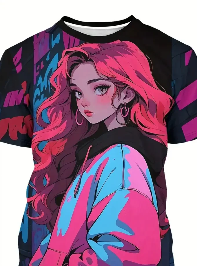 Men's Casual Summer T-Shirt 3D Printed Cool Wave Anime Girl Graphic Short Sleeve Polyester Knit Fabric Regular Fit Men's Fashion